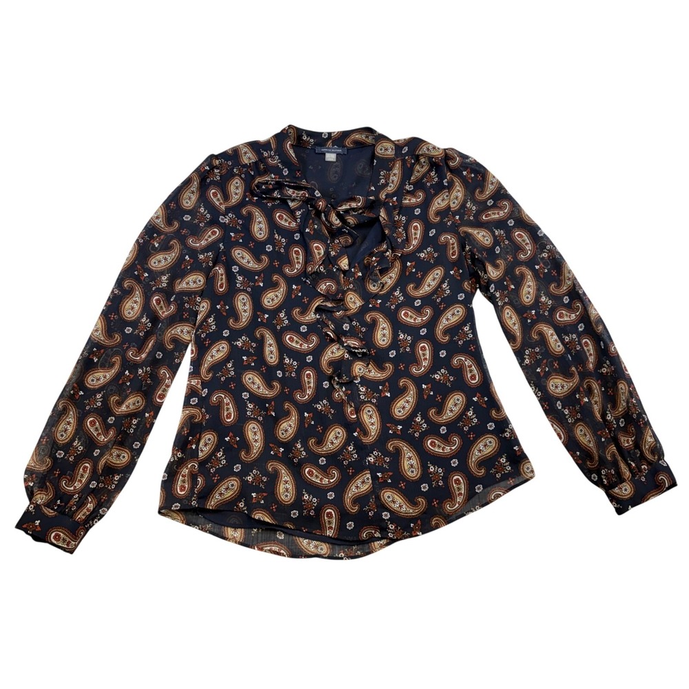 Tommy Hilfiger Womens Navy Paisley Tie Neck Ruffle Blouse Sheer Sleeve Large